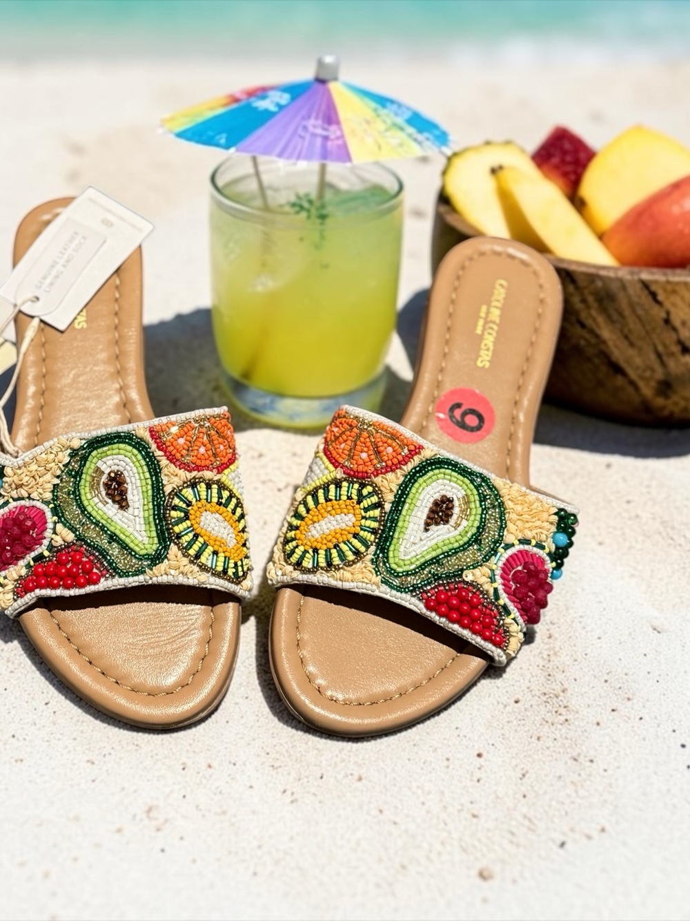 Caroline Constas Beaded Fruit Slide Sandals in Tan and Multicolor